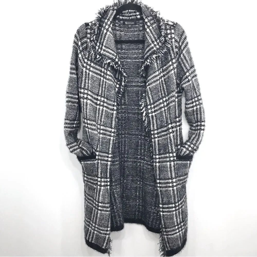Two Sisters Black White Plaid Fringed Long Cardigan Sweater Coat
